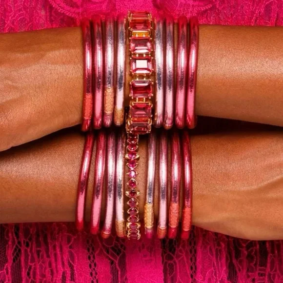 BuDhaGirl CAROUSEL PINK ALL WEATHER BANGLES® (SET 4) - SERENITY PRAYER Small NWT - Picture 2 of 3